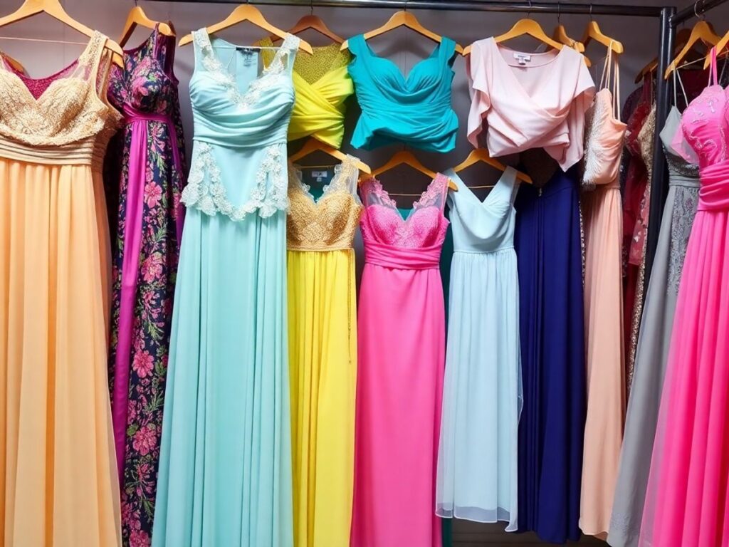 Colorful women's dresses hanging in a stylish boutique.