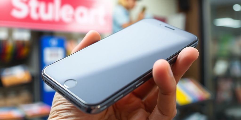 Hand holding a used smartphone near a local store.