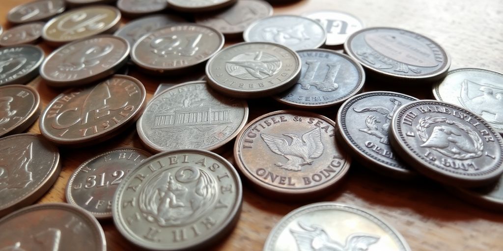 A collection of old coins on a wooden table.