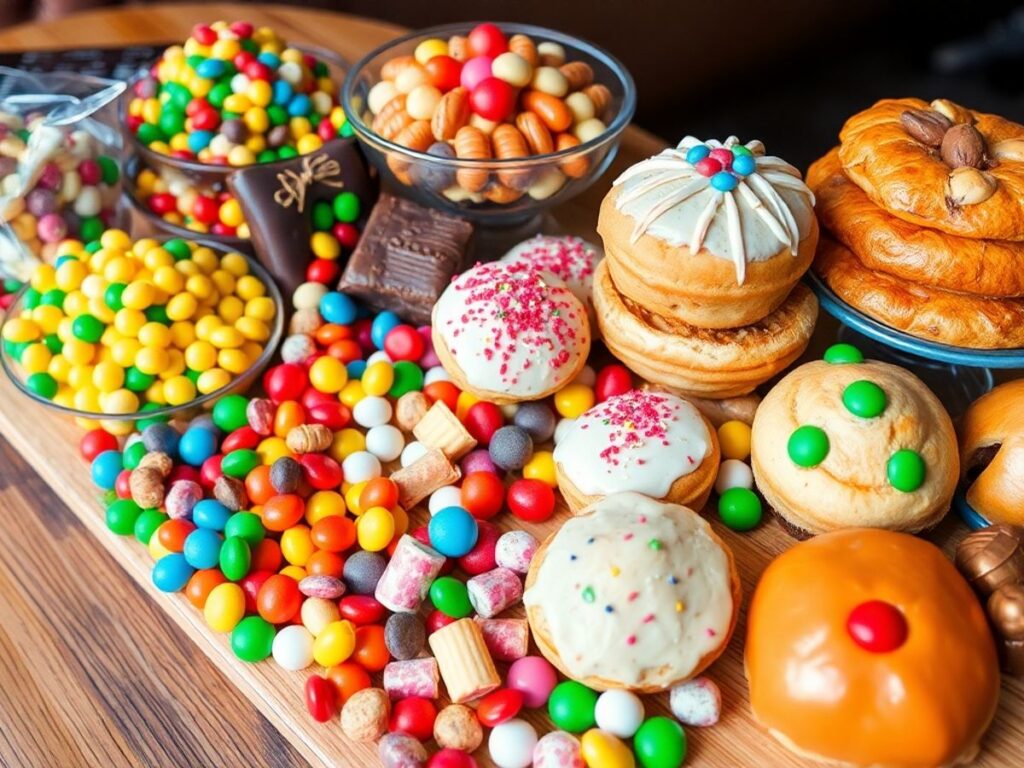 Colorful assortment of sweets and pastries on a table.