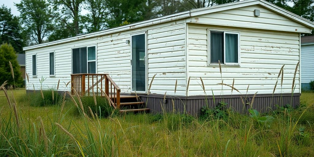 Worn-out mobile home in a neglected suburban area.