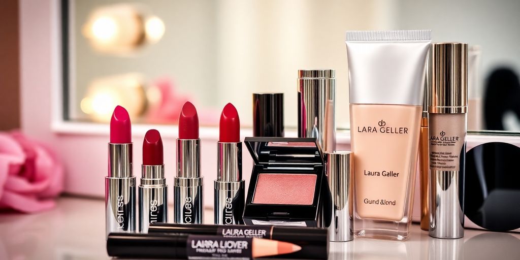 Laura Geller makeup products on a stylish vanity.