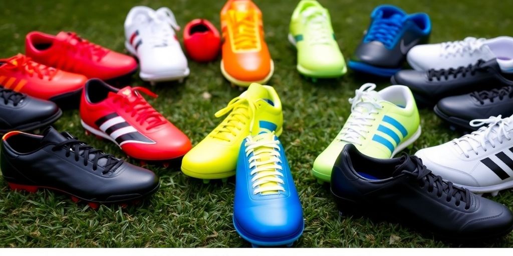 Colorful soccer cleats on a grassy field.