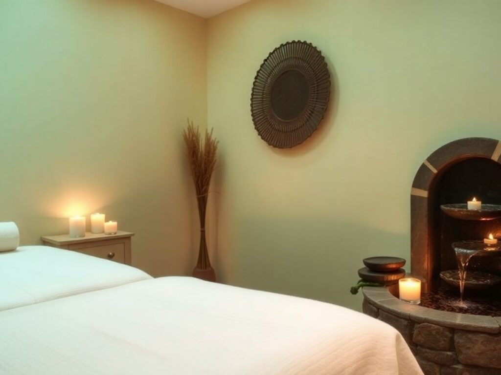 Tranquil spa room with candles and soft lighting.