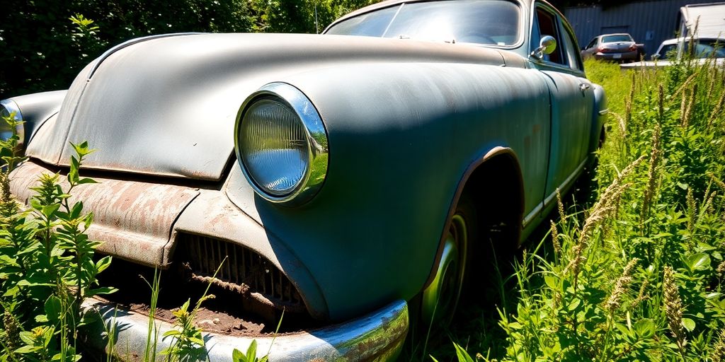 Junk car in a local yard with greenery.