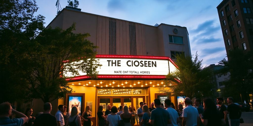 Cinema exterior with moviegoers excited for The Chosen.