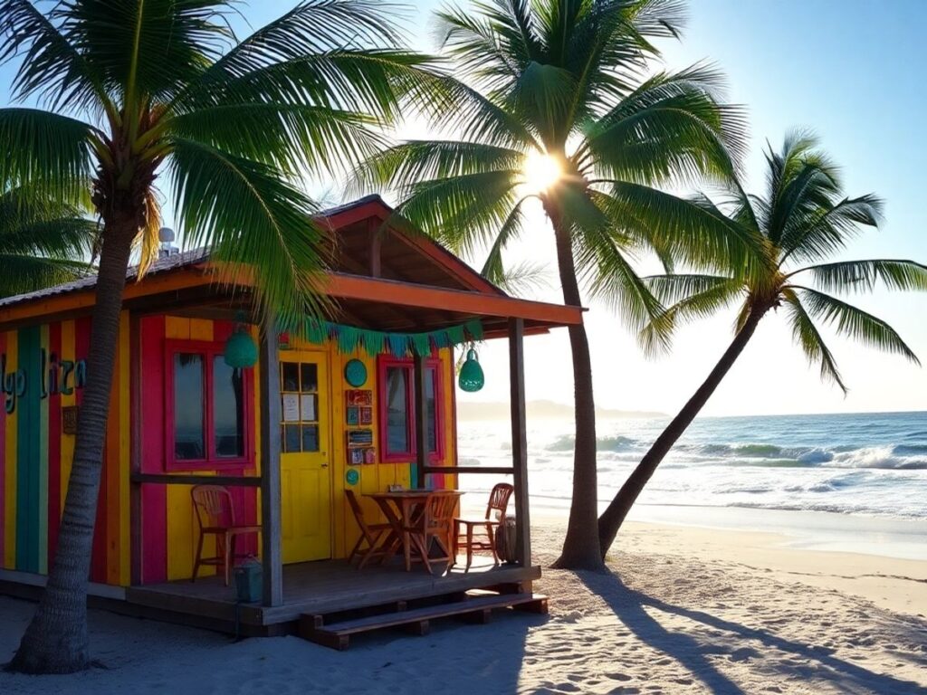 Colorful beach shack by the ocean with palm trees.