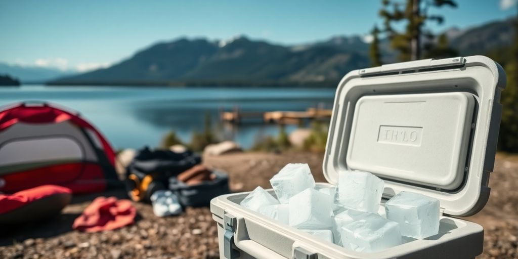 Cooler with block ice in a scenic outdoor setting.