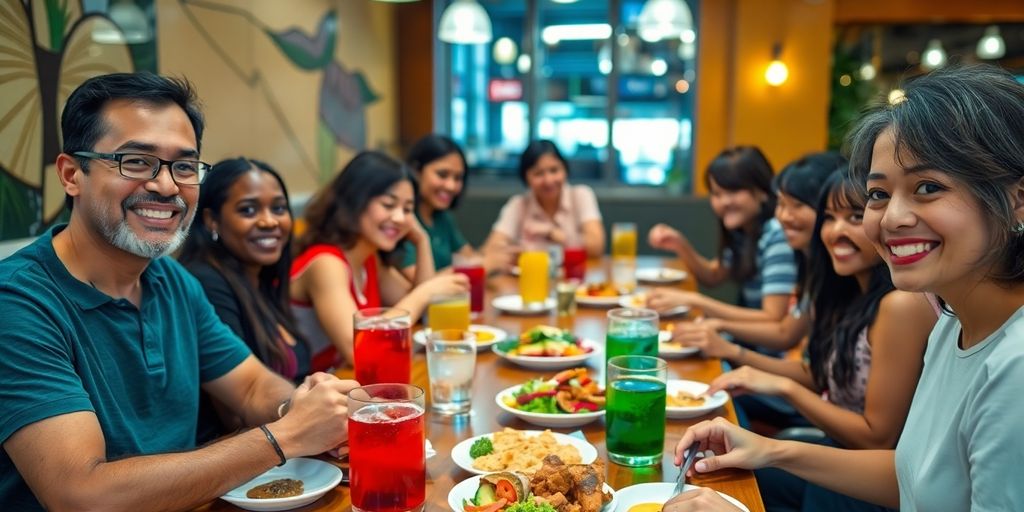 Group dining at a restaurant with delicious meals.