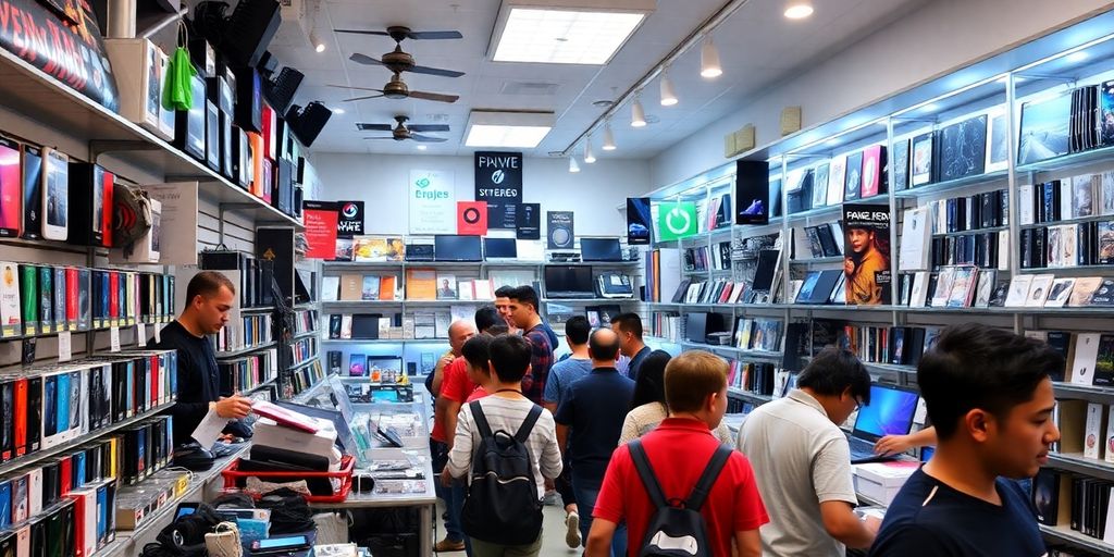 Local electronics store with shoppers browsing gadgets.