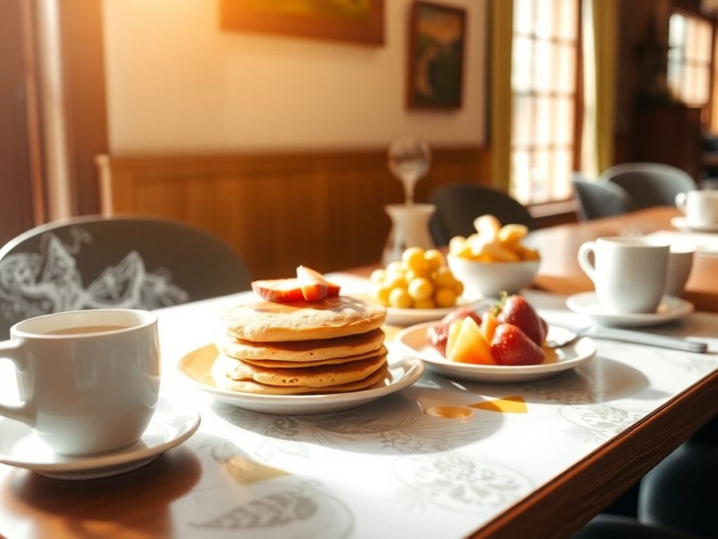 Cozy breakfast cafe with pancakes and coffee on table.