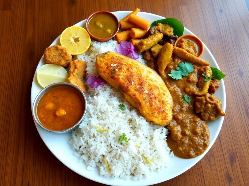 Colorful Goan thali with various traditional dishes.