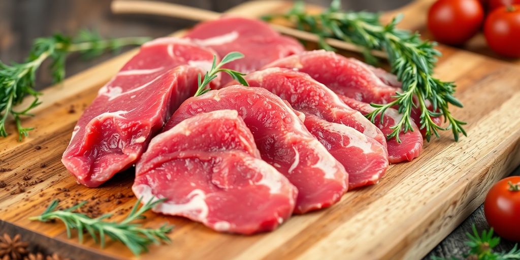 Fresh venison cuts on a wooden cutting board.