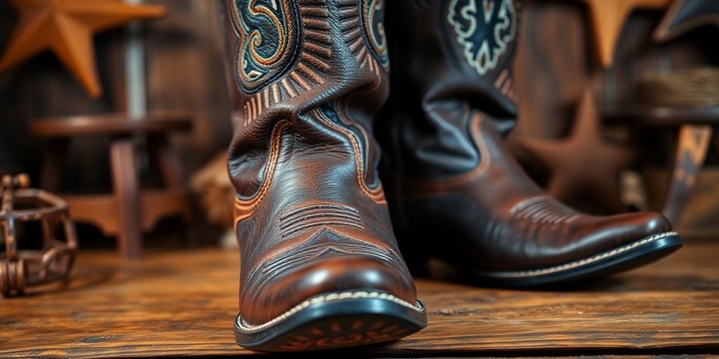 Stylish cowboy boots on a rustic wooden surface.