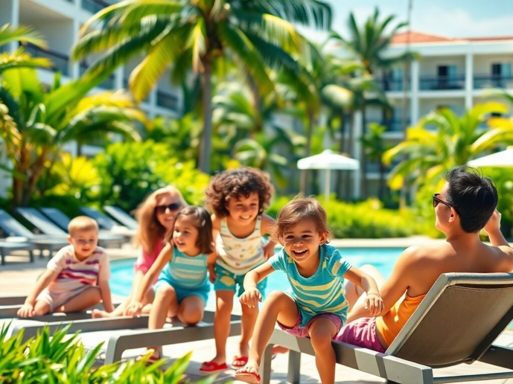 Family enjoying a sunny day at a resort.