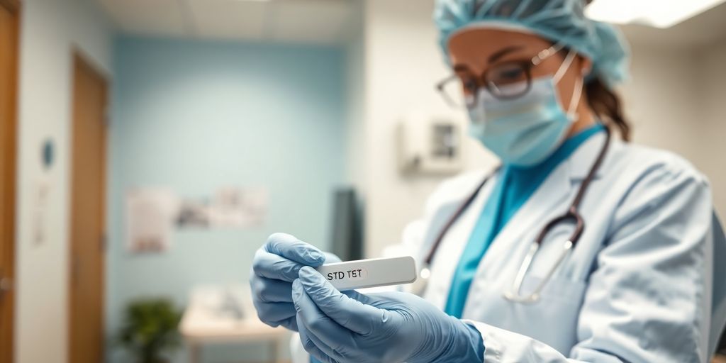 Healthcare professional preparing an STD test kit.