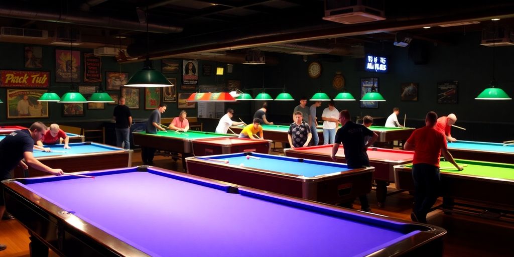 Players enjoying a game of pool in a lively hall.