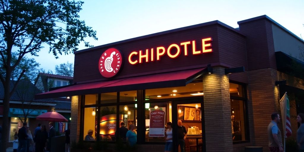 Chipotle restaurant exterior at night with warm lights.