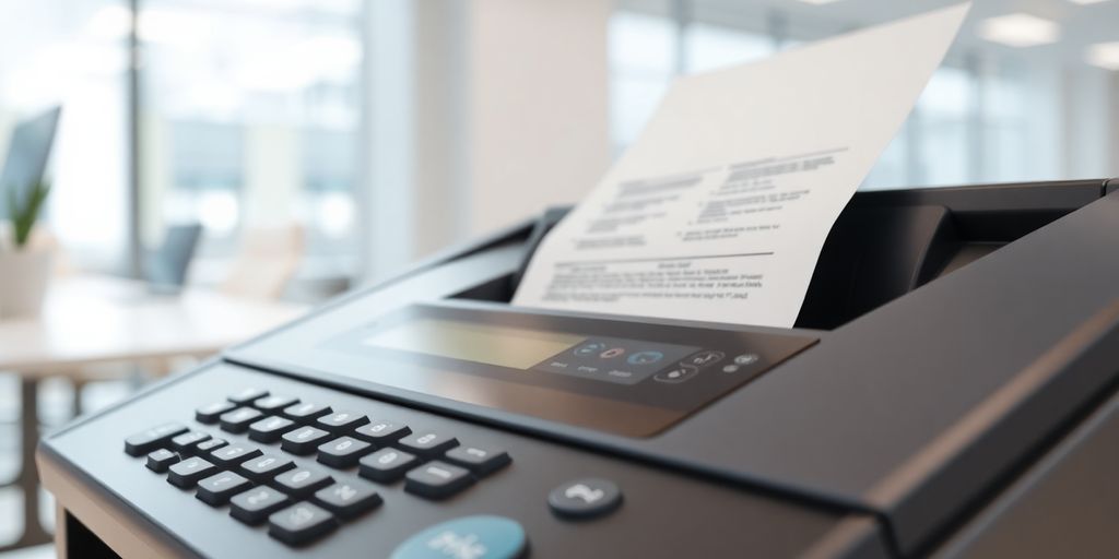 Close-up of a fax machine with papers being fed.