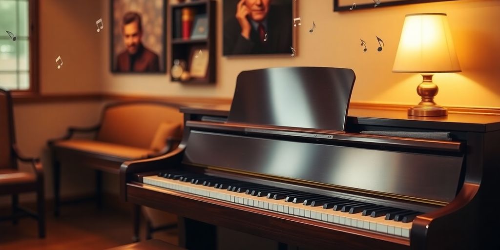 Polished piano in a cozy, warmly lit room.