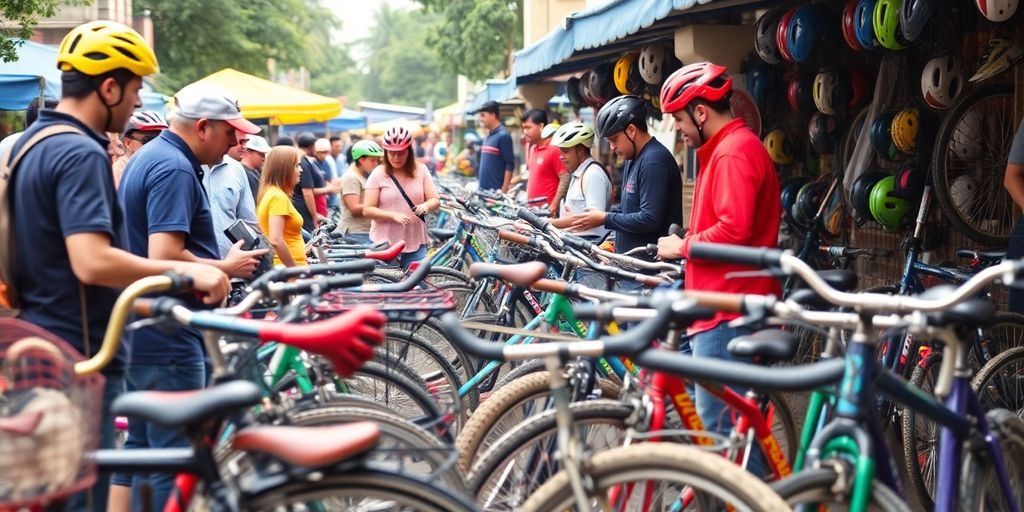 Local buyers exploring used bicycles at a market.