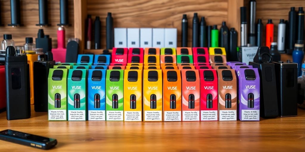 Colorful Vuse pods on a wooden counter.