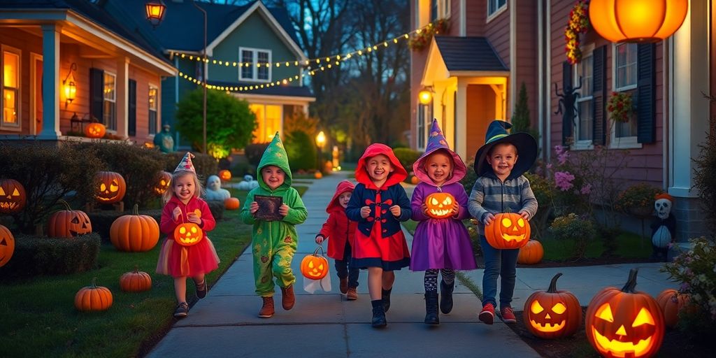 Children in costumes trick-or-treating on Halloween night.