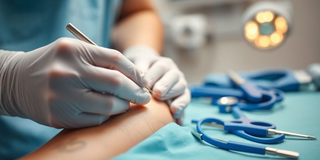 Healthcare worker stitching a wound in a clean setting.