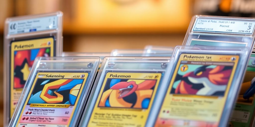 Graded Pokemon cards in protective cases on display.