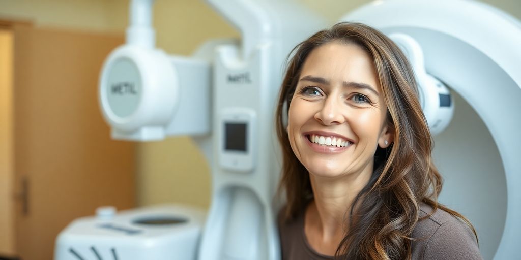 Woman smiling after a mammogram in a bright room.