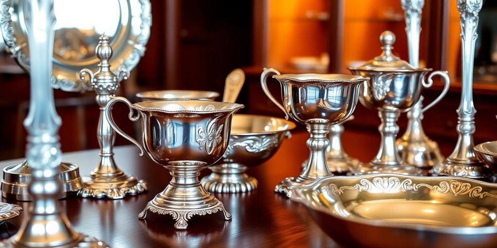 Elegant silver serving pieces on a wooden table.