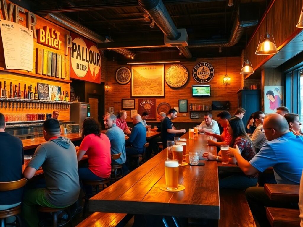 Interior of a lively Houston beer parlour with patrons.