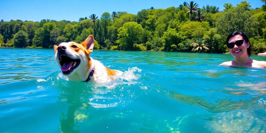 Dog swimming in a lake with owner nearby.