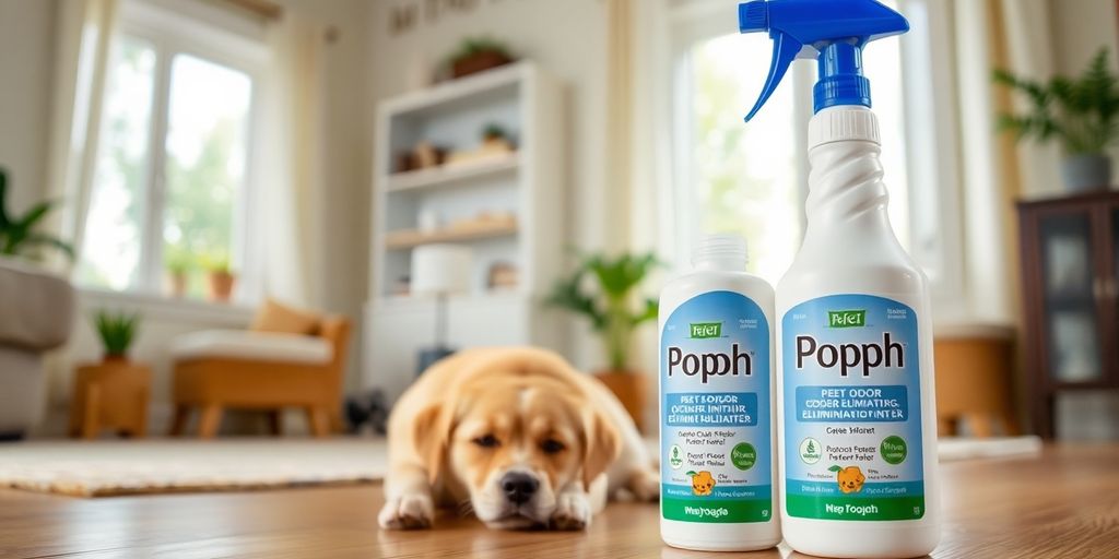 Bottle of Pooph with a happy dog in a clean home.