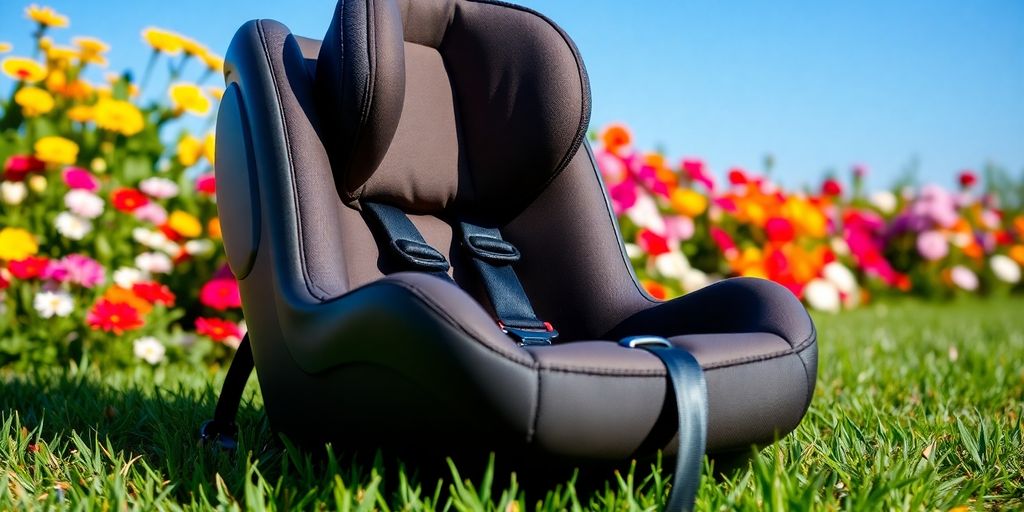 Used car seat on grass with flowers.