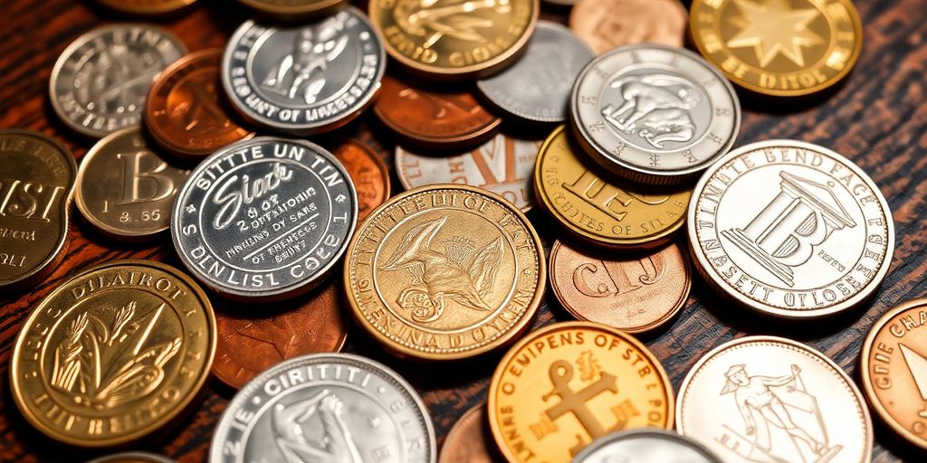 Close-up of collectible coins on a wooden table.