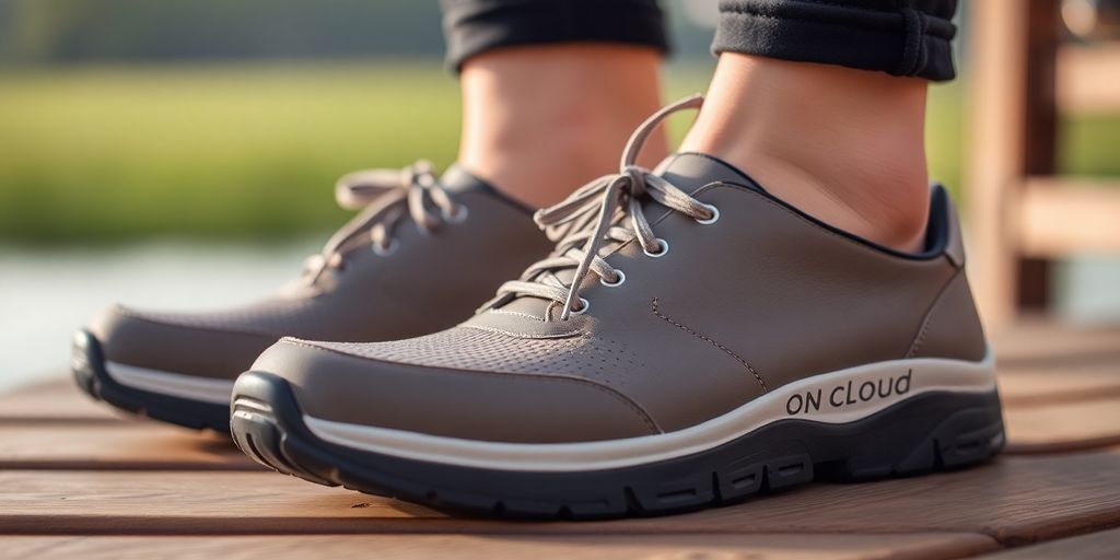 Stylish On Cloud shoes on a wooden surface.