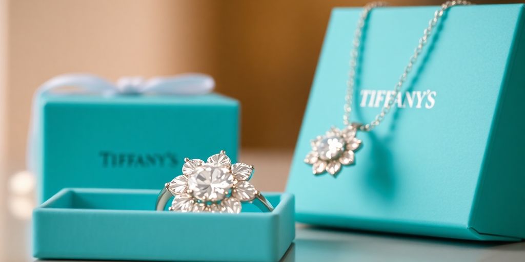 Close-up of Tiffany jewelry with blue box.