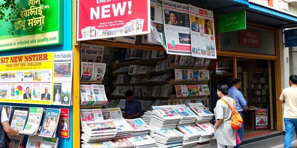 Local newsstand with newspapers and magazines on display.