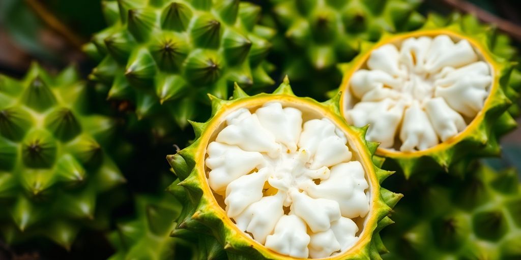 Fresh soursop fruits on a wooden table.