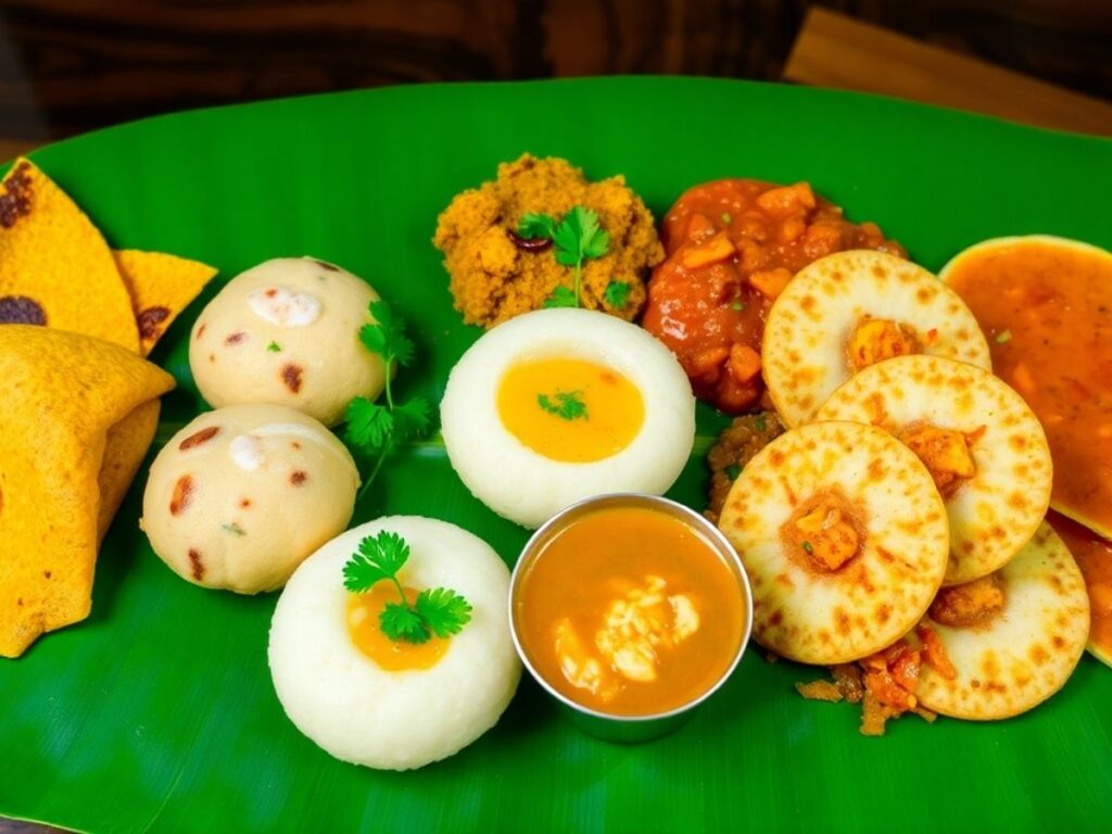 Traditional South Indian breakfast on a banana leaf.