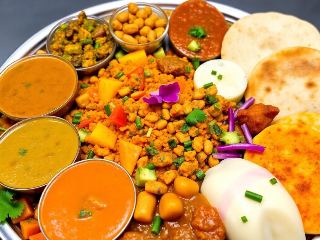 Colorful unlimited Gujarati thali with various traditional dishes.