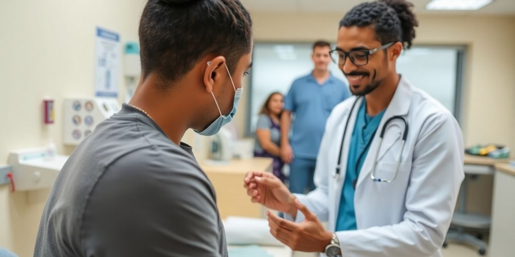 Healthcare professional examining a patient in a clinic.