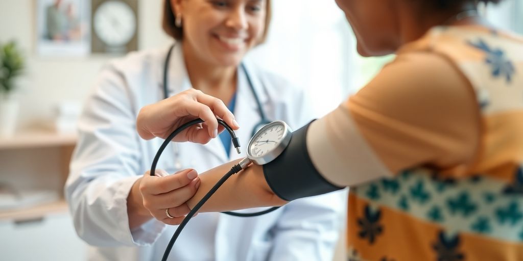 Healthcare professional checking a patient's blood pressure.