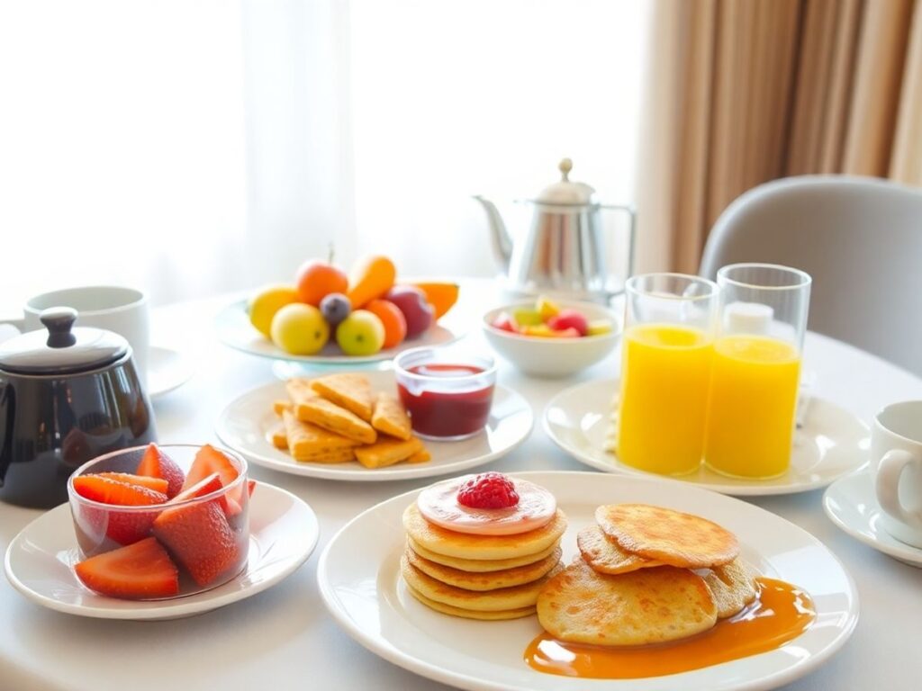 Delicious breakfast spread with pancakes and fresh fruits.