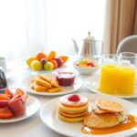 Delicious breakfast spread with pancakes and fresh fruits.