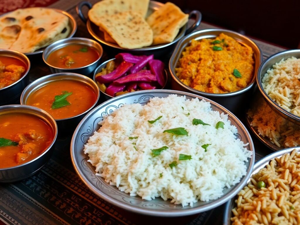 Delicious North Indian dishes on a colorful table.