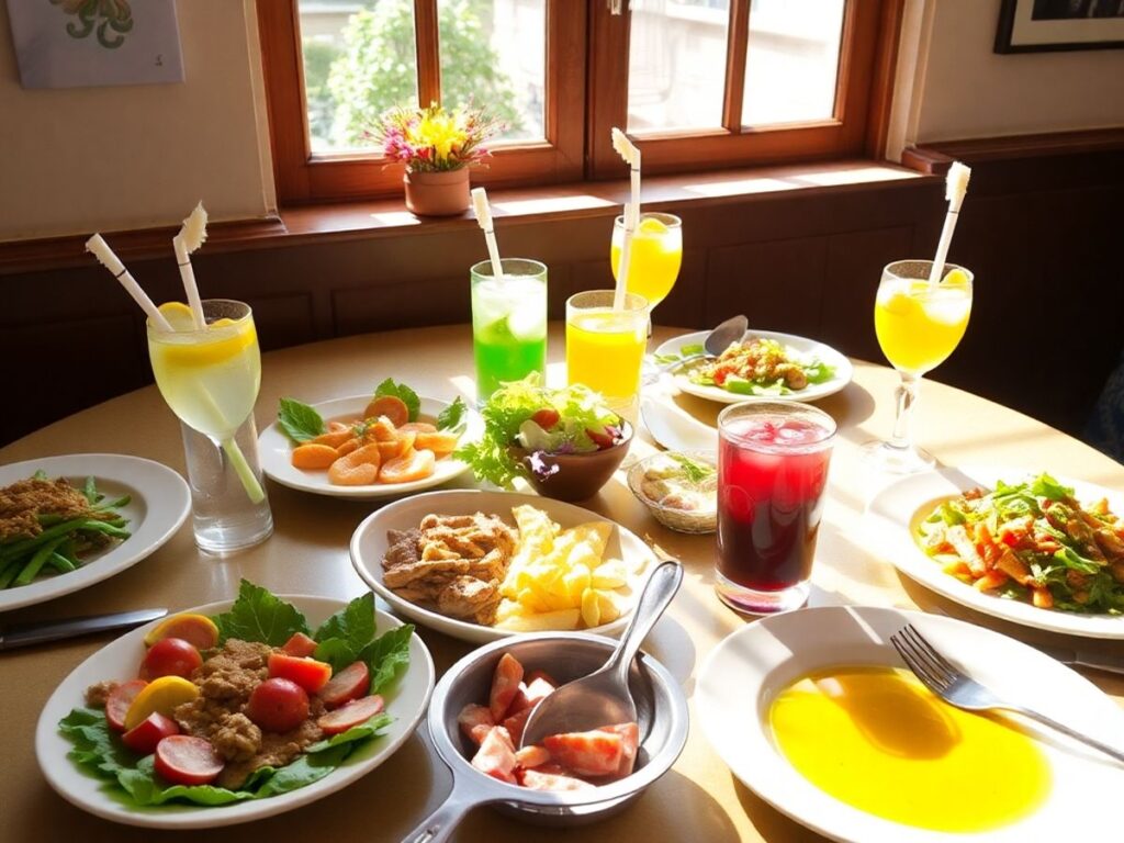 Colorful lunch dishes on a table in a restaurant.