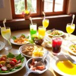 Colorful lunch dishes on a table in a restaurant.