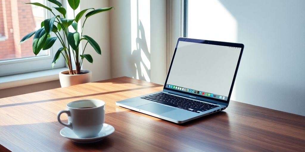 Cozy workspace with laptop, coffee, and plant.